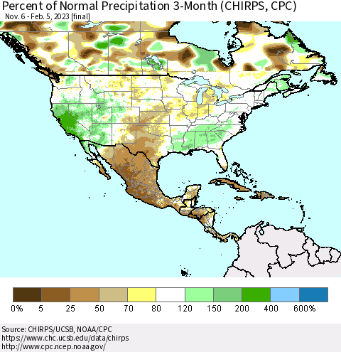 North America Percent of Normal Precipitation 3-Month (CHIRPS) Thematic Map For 11/6/2022 - 2/5/2023