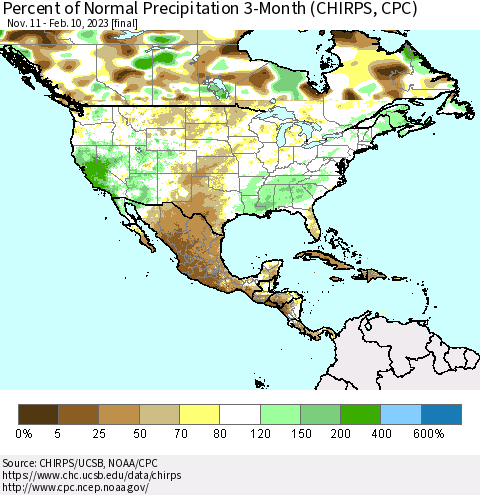 North America Percent of Normal Precipitation 3-Month (CHIRPS) Thematic Map For 11/11/2022 - 2/10/2023