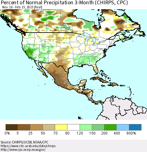 North America Percent of Normal Precipitation 3-Month (CHIRPS) Thematic Map For 11/16/2022 - 2/15/2023