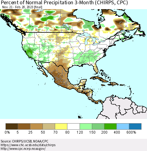 North America Percent of Normal Precipitation 3-Month (CHIRPS) Thematic Map For 11/21/2022 - 2/20/2023