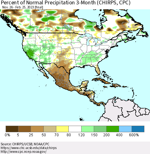 North America Percent of Normal Precipitation 3-Month (CHIRPS) Thematic Map For 11/26/2022 - 2/25/2023