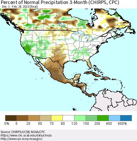 North America Percent of Normal Precipitation 3-Month (CHIRPS) Thematic Map For 12/1/2022 - 2/28/2023