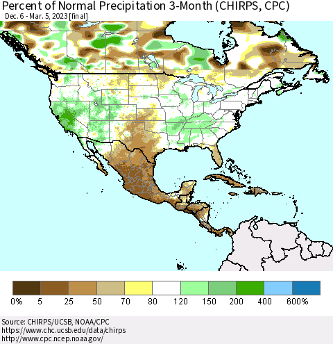 North America Percent of Normal Precipitation 3-Month (CHIRPS) Thematic Map For 12/6/2022 - 3/5/2023