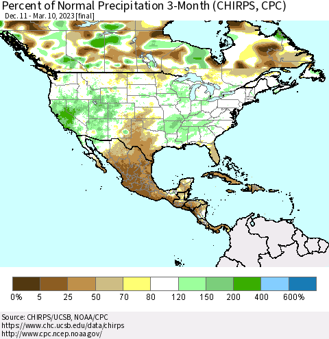 North America Percent of Normal Precipitation 3-Month (CHIRPS) Thematic Map For 12/11/2022 - 3/10/2023