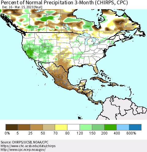 North America Percent of Normal Precipitation 3-Month (CHIRPS) Thematic Map For 12/16/2022 - 3/15/2023