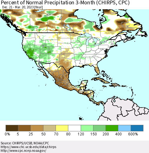 North America Percent of Normal Precipitation 3-Month (CHIRPS) Thematic Map For 12/21/2022 - 3/20/2023