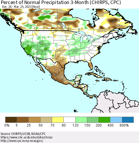 North America Percent of Normal Precipitation 3-Month (CHIRPS) Thematic Map For 12/26/2022 - 3/25/2023