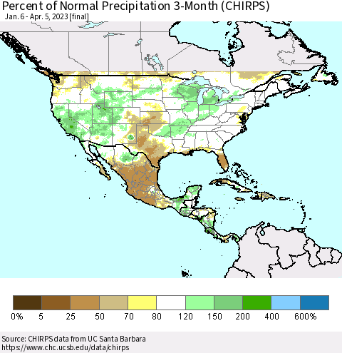 North America Percent of Normal Precipitation 3-Month (CHIRPS) Thematic Map For 1/6/2023 - 4/5/2023