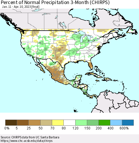 North America Percent of Normal Precipitation 3-Month (CHIRPS) Thematic Map For 1/11/2023 - 4/10/2023