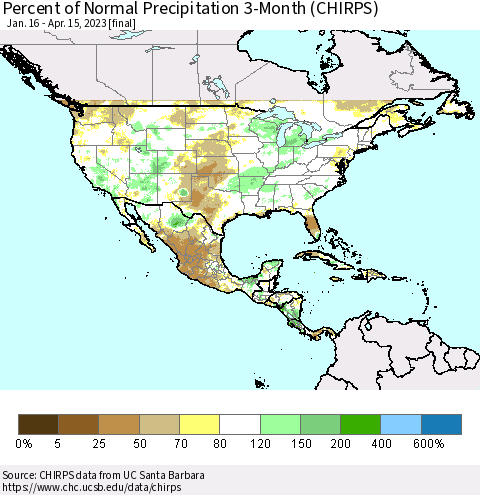 North America Percent of Normal Precipitation 3-Month (CHIRPS) Thematic Map For 1/16/2023 - 4/15/2023