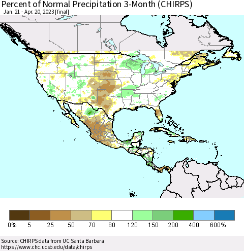 North America Percent of Normal Precipitation 3-Month (CHIRPS) Thematic Map For 1/21/2023 - 4/20/2023