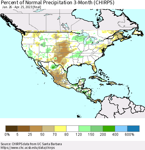 North America Percent of Normal Precipitation 3-Month (CHIRPS) Thematic Map For 1/26/2023 - 4/25/2023