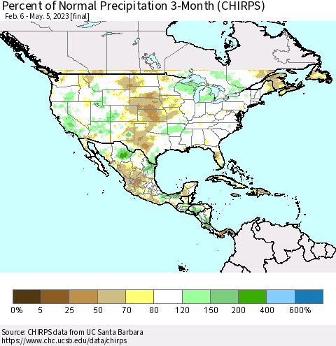 North America Percent of Normal Precipitation 3-Month (CHIRPS) Thematic Map For 2/6/2023 - 5/5/2023