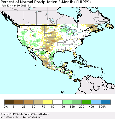 North America Percent of Normal Precipitation 3-Month (CHIRPS) Thematic Map For 2/11/2023 - 5/10/2023