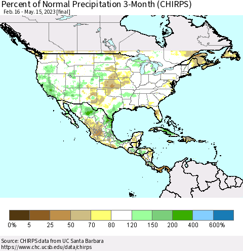 North America Percent of Normal Precipitation 3-Month (CHIRPS) Thematic Map For 2/16/2023 - 5/15/2023