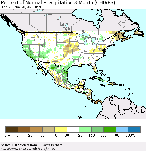 North America Percent of Normal Precipitation 3-Month (CHIRPS) Thematic Map For 2/21/2023 - 5/20/2023