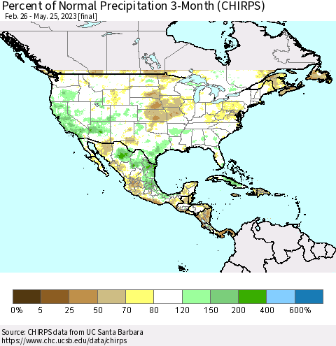 North America Percent of Normal Precipitation 3-Month (CHIRPS) Thematic Map For 2/26/2023 - 5/25/2023
