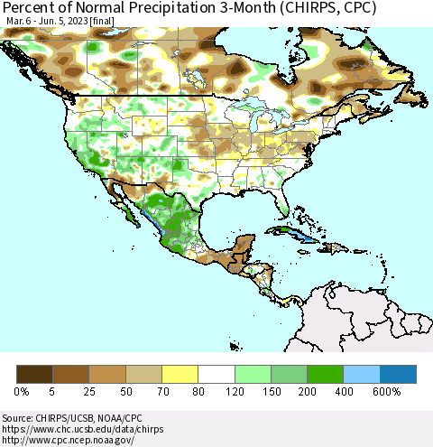 North America Percent of Normal Precipitation 3-Month (CHIRPS) Thematic Map For 3/6/2023 - 6/5/2023