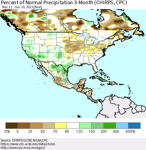 North America Percent of Normal Precipitation 3-Month (CHIRPS) Thematic Map For 3/11/2023 - 6/10/2023