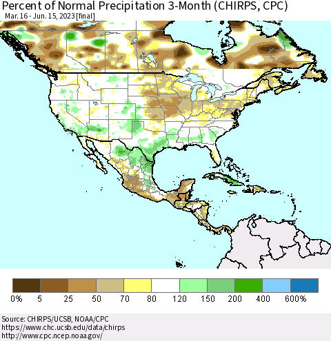 North America Percent of Normal Precipitation 3-Month (CHIRPS) Thematic Map For 3/16/2023 - 6/15/2023