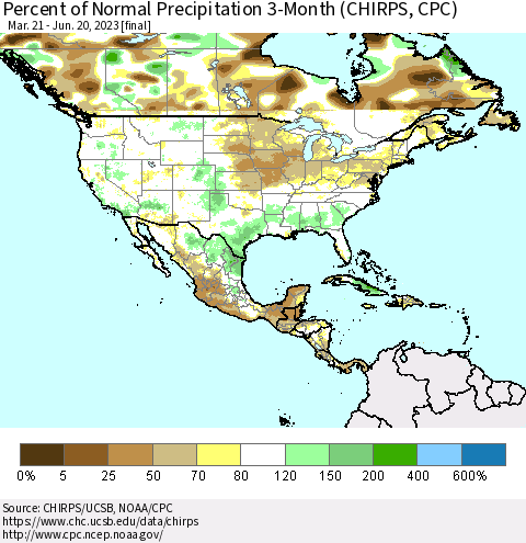 North America Percent of Normal Precipitation 3-Month (CHIRPS) Thematic Map For 3/21/2023 - 6/20/2023