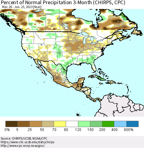 North America Percent of Normal Precipitation 3-Month (CHIRPS) Thematic Map For 3/26/2023 - 6/25/2023