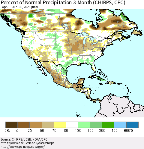 North America Percent of Normal Precipitation 3-Month (CHIRPS) Thematic Map For 4/1/2023 - 6/30/2023