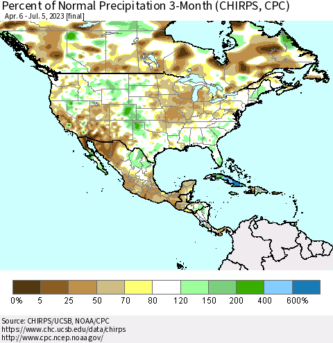 North America Percent of Normal Precipitation 3-Month (CHIRPS) Thematic Map For 4/6/2023 - 7/5/2023
