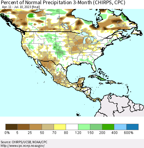 North America Percent of Normal Precipitation 3-Month (CHIRPS) Thematic Map For 4/11/2023 - 7/10/2023