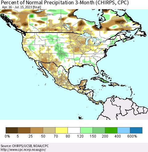 North America Percent of Normal Precipitation 3-Month (CHIRPS) Thematic Map For 4/16/2023 - 7/15/2023