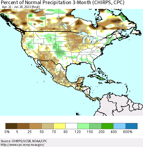 North America Percent of Normal Precipitation 3-Month (CHIRPS) Thematic Map For 4/21/2023 - 7/20/2023