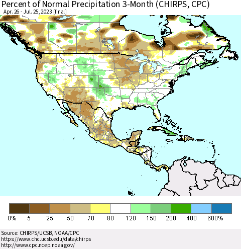 North America Percent of Normal Precipitation 3-Month (CHIRPS) Thematic Map For 4/26/2023 - 7/25/2023