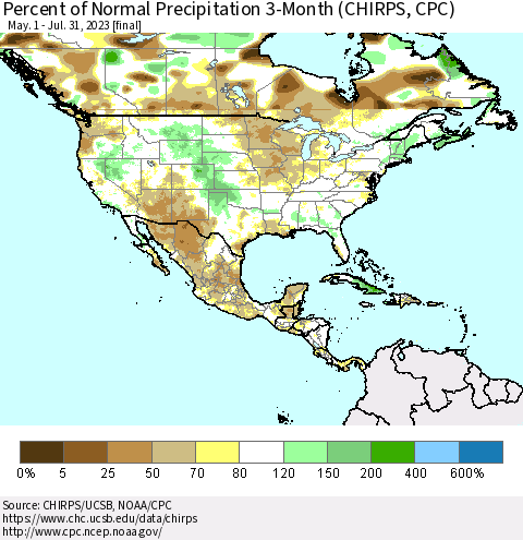 North America Percent of Normal Precipitation 3-Month (CHIRPS) Thematic Map For 5/1/2023 - 7/31/2023