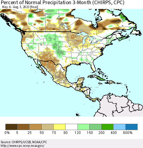 North America Percent of Normal Precipitation 3-Month (CHIRPS) Thematic Map For 5/6/2023 - 8/5/2023
