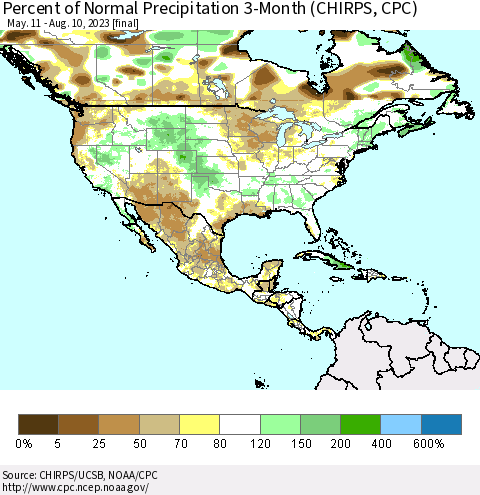 North America Percent of Normal Precipitation 3-Month (CHIRPS) Thematic Map For 5/11/2023 - 8/10/2023