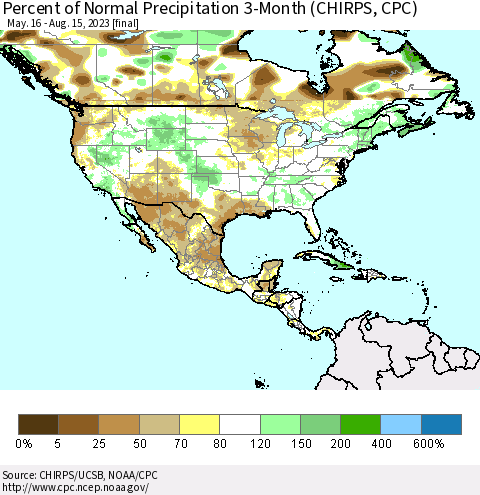 North America Percent of Normal Precipitation 3-Month (CHIRPS) Thematic Map For 5/16/2023 - 8/15/2023