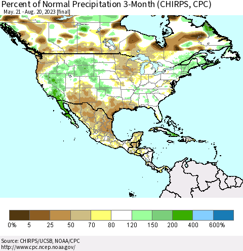 North America Percent of Normal Precipitation 3-Month (CHIRPS) Thematic Map For 5/21/2023 - 8/20/2023