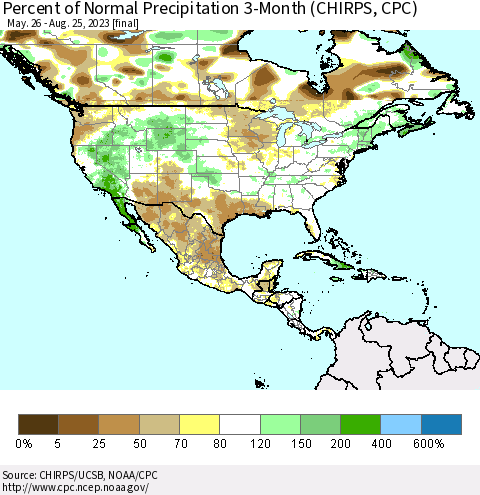 North America Percent of Normal Precipitation 3-Month (CHIRPS) Thematic Map For 5/26/2023 - 8/25/2023