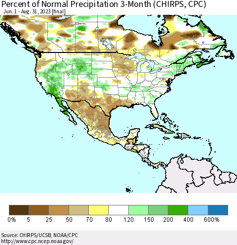 North America Percent of Normal Precipitation 3-Month (CHIRPS) Thematic Map For 6/1/2023 - 8/31/2023