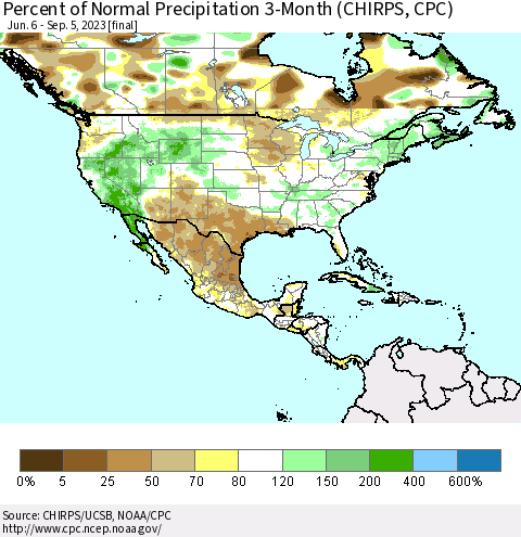 North America Percent of Normal Precipitation 3-Month (CHIRPS) Thematic Map For 6/6/2023 - 9/5/2023