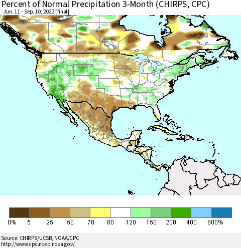 North America Percent of Normal Precipitation 3-Month (CHIRPS) Thematic Map For 6/11/2023 - 9/10/2023