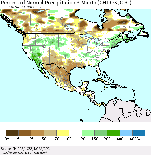 North America Percent of Normal Precipitation 3-Month (CHIRPS) Thematic Map For 6/16/2023 - 9/15/2023