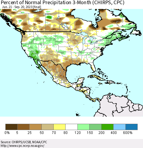 North America Percent of Normal Precipitation 3-Month (CHIRPS) Thematic Map For 6/21/2023 - 9/20/2023