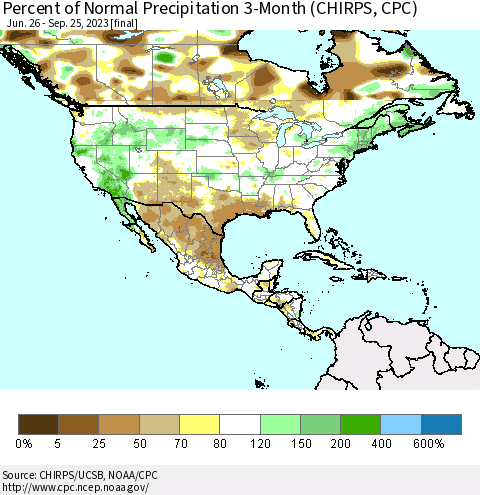 North America Percent of Normal Precipitation 3-Month (CHIRPS) Thematic Map For 6/26/2023 - 9/25/2023