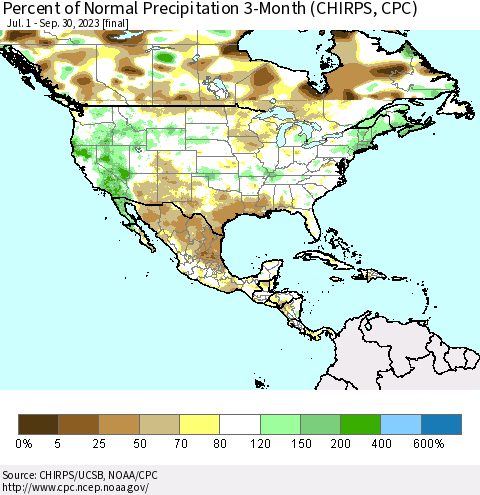 North America Percent of Normal Precipitation 3-Month (CHIRPS) Thematic Map For 7/1/2023 - 9/30/2023