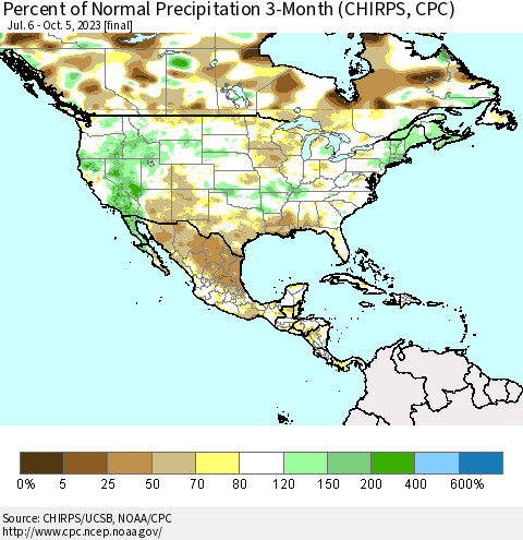 North America Percent of Normal Precipitation 3-Month (CHIRPS) Thematic Map For 7/6/2023 - 10/5/2023