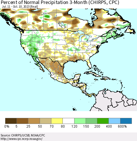 North America Percent of Normal Precipitation 3-Month (CHIRPS) Thematic Map For 7/11/2023 - 10/10/2023