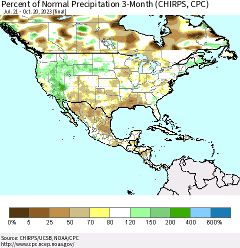 North America Percent of Normal Precipitation 3-Month (CHIRPS) Thematic Map For 7/21/2023 - 10/20/2023