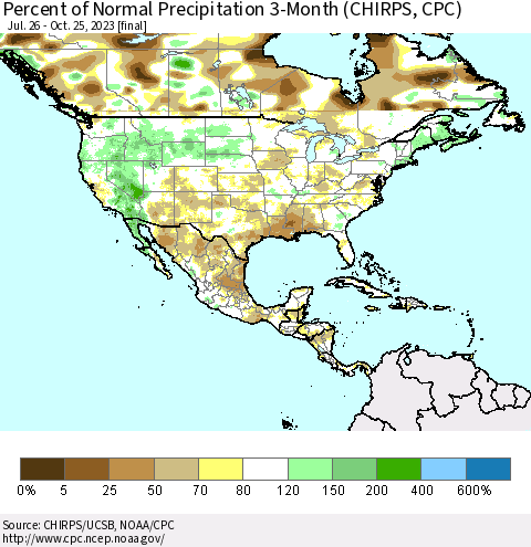 North America Percent of Normal Precipitation 3-Month (CHIRPS) Thematic Map For 7/26/2023 - 10/25/2023