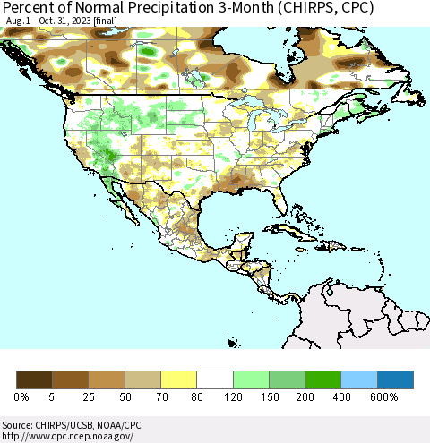 North America Percent of Normal Precipitation 3-Month (CHIRPS) Thematic Map For 8/1/2023 - 10/31/2023